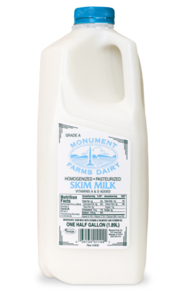 A half gallon of Monument Farms local skim milk.