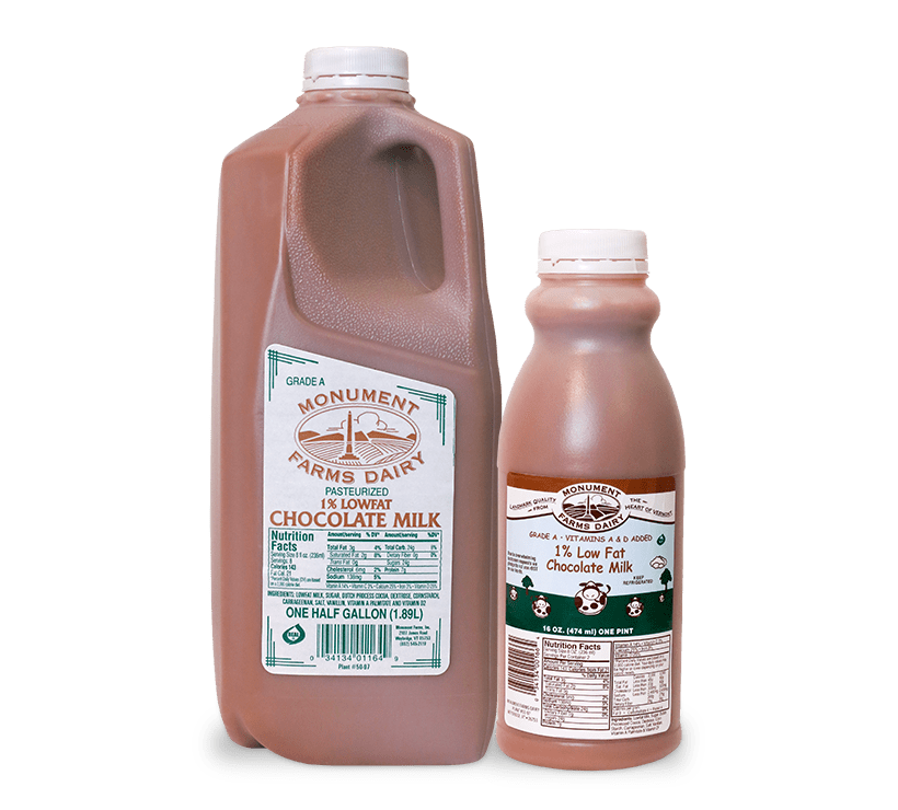 A pint and half gallon of Monument Farms 1% local chocolate milk.