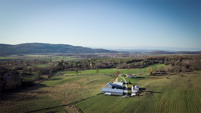 An aerial view of Monument Dairy Farm where they produce fresh Vermont milk